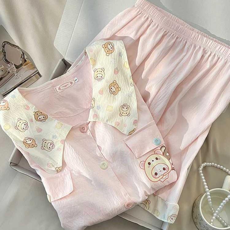 

New doll collar pink easy bear pajamas women s summer short-sleeved shorts cardigan two-piece loungewear S