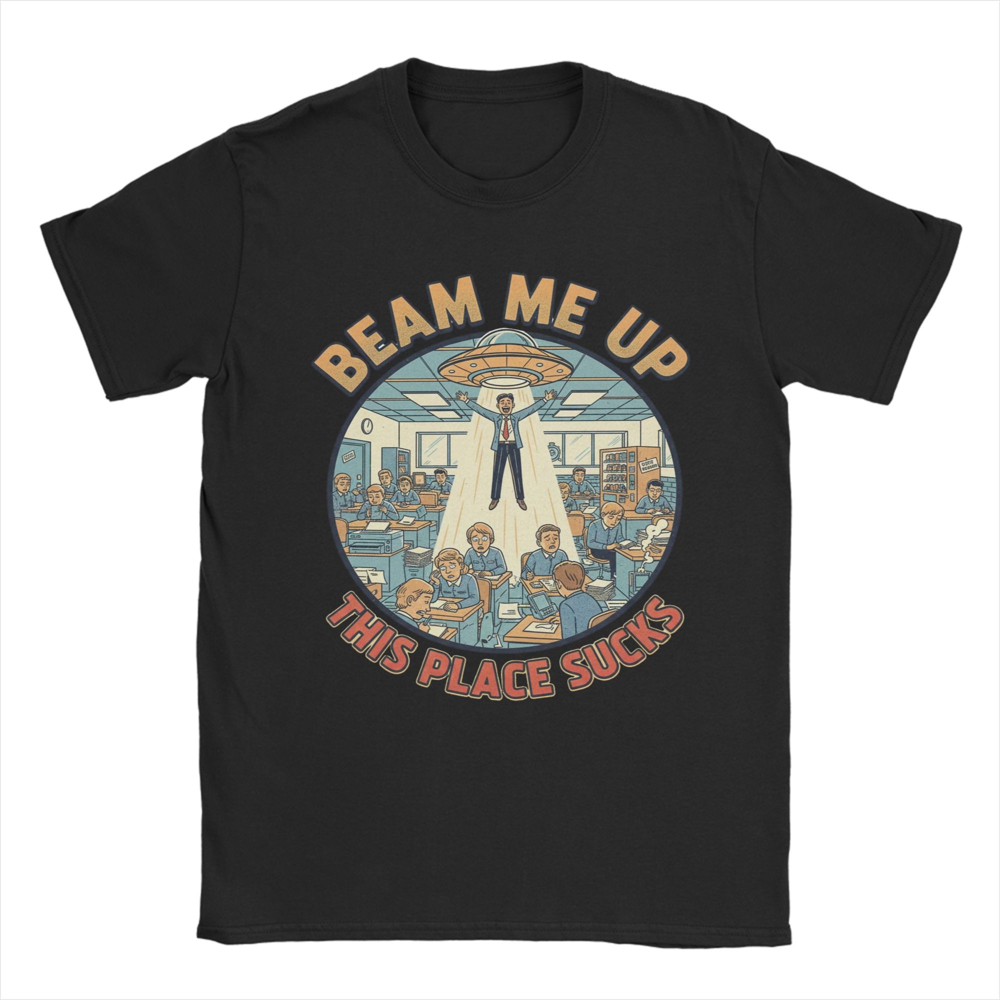 Harajuku Beam Me Up This Place Sucks  Funny Retro SciFi Alien UFO TShirt Crewneck Short Sleeve Tops  Cotton Summer Tops - Men... S разноцветный