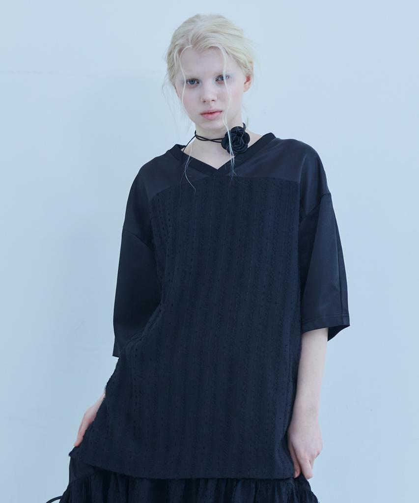 Telelu Overfit Lace Trimmed Jersey T-Shirt Black