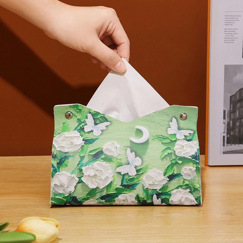 Oil Painting Style Flowers Tissue Box Creative Tabletop Napkin Box For Home Living Room