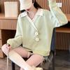 Irregular Women's Sweatshirt 3D Flower Decoration Lapel Contrasting Long Sleeved Pullover Korean Version Spring New Style Loose Woman Top