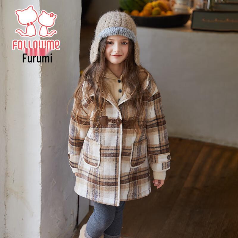 

Fulomi Girls Retro Plaid Hooded Wool Blend Winter Coat 130