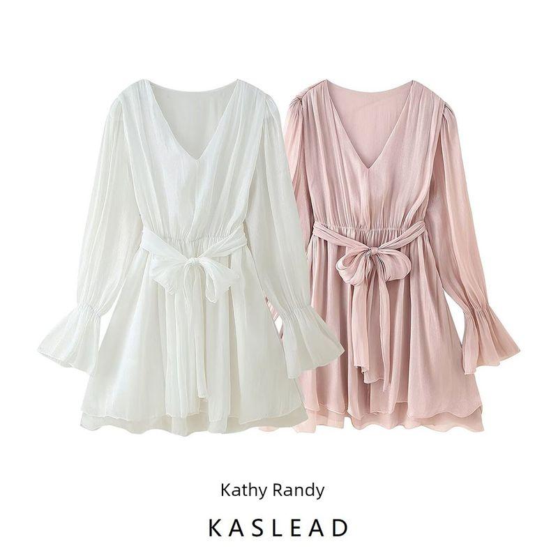 Kaslead New Women clothes Western Style Simple V-neck Bell Sleeve Waist Hugging Ribbon Dress