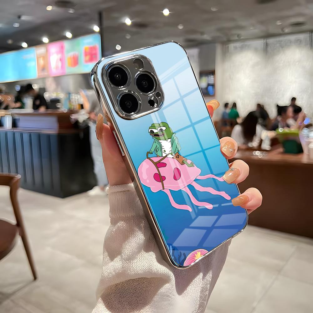 

Смешной Чехол для Телефона с Лягушонком Пепе для IPhone 17 Pro Max 15 Pro 16 14 Plus 12 13 Mini 11 Pro Ударопрочный Электрооцинкованный Стеклянный Чехол iPhone17 Pro Max