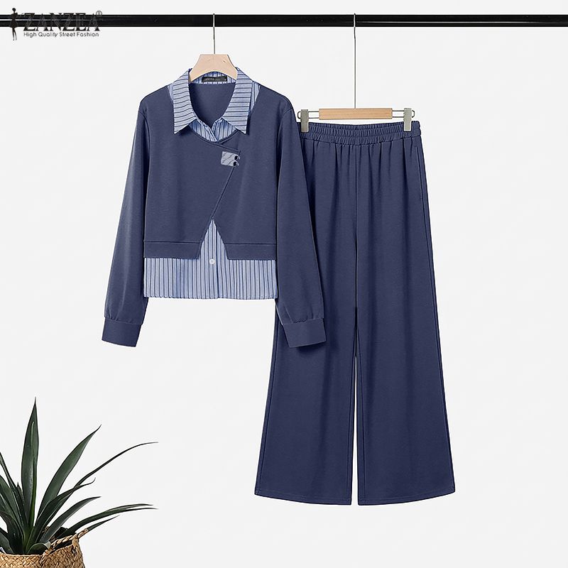ZANZEA Women Long Sleeve Stripe Splice Blouse and Pants Casual Two Piece Suit Sets