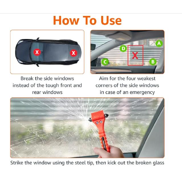 Emergency Escape Tool, Car Safety Hammer w/ Protective Bracket, Bright Orange