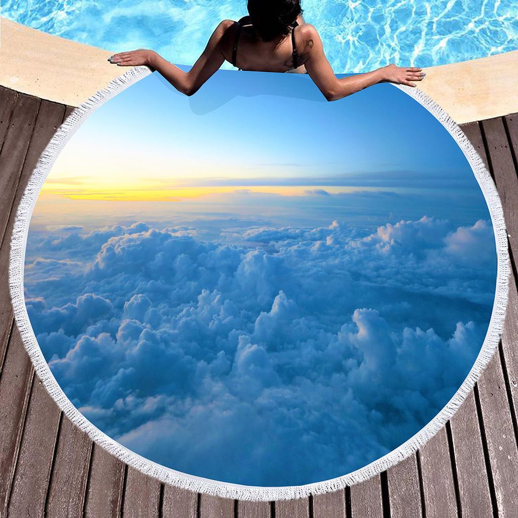 Sky Cloud Print Round Beach Towel, Microfiber Sand Free Quick Dry Circle Bath Towel Absorbent Tropical Meditation Rug Yoga Mat
