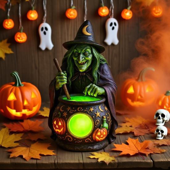 Halloween Witch Cauldron Lamp with Eerie Green Glow LED Landscape Light Spooky Witch Brewing Pot Light for Living Room Bedroom Office