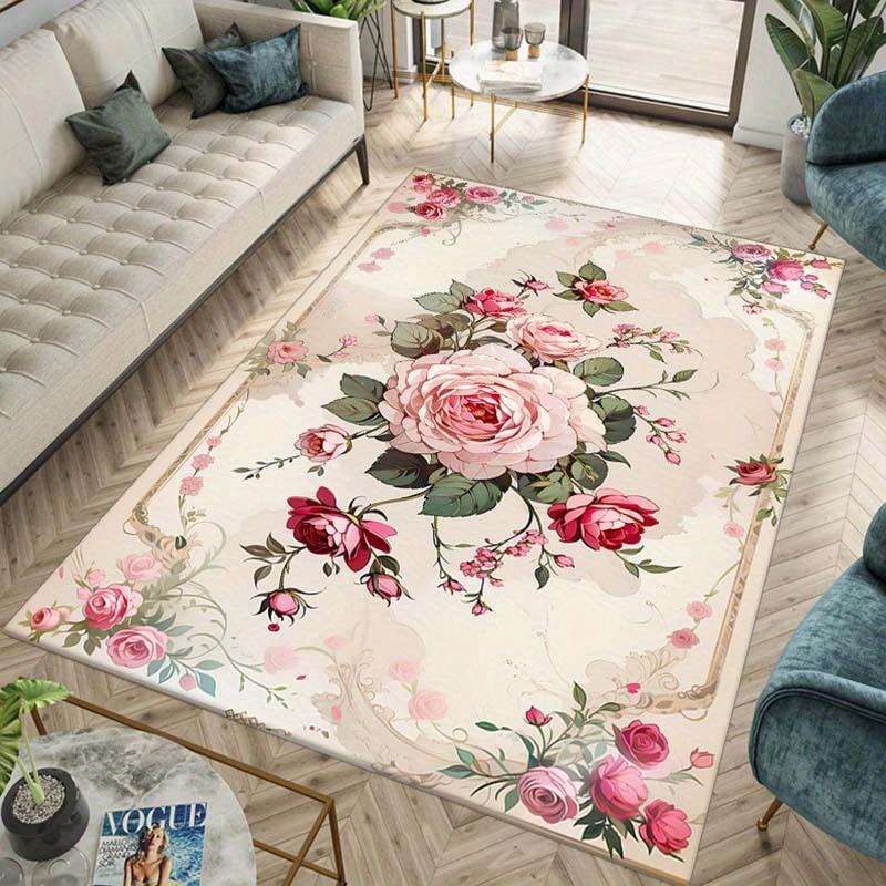 Luxurious Vintage Floral Print Area Rug Non-Slip Machine Washable Floor Mat for Living Room Bedroom Office Decor Washable Carpet