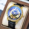 Luxury Men's Automatic Mechanical Watch  Golden Engraved Skeleton Dial Roman Numeral Dial Luminous Dress Wrist Watch for Men