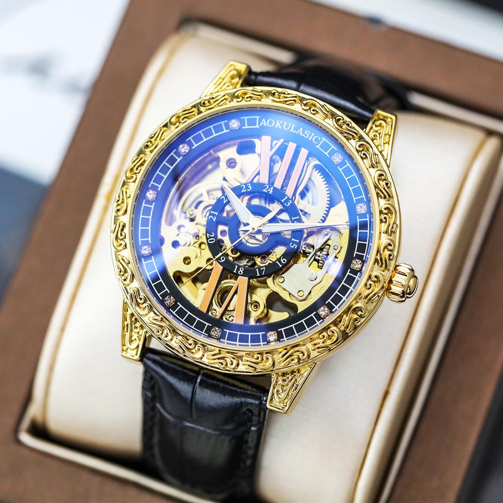 Luxury Men's Automatic Mechanical Watch Golden Engraved Skeleton Dial Roman Numeral Dial Luminous Dress Wrist Watch for Men