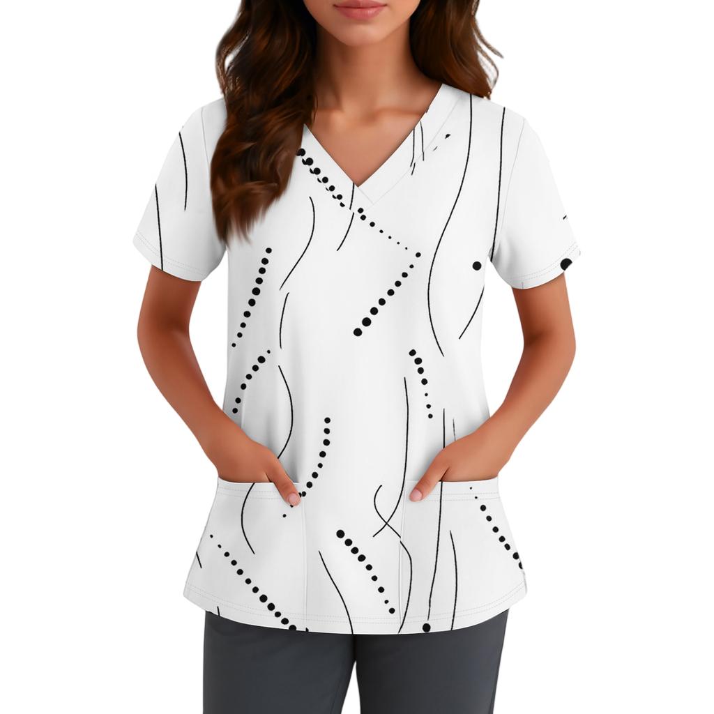 Women's Cute Bow Printed Work Clothes V-neck Double Layer Pockets Basic Short Sleeve Top Pullover