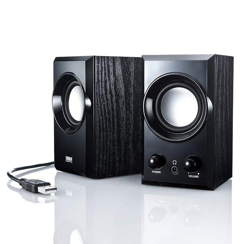 Sanwa Supply USB Speaker with Wooden Cabinet and Passive Radiator, Black MM-SPU7BK