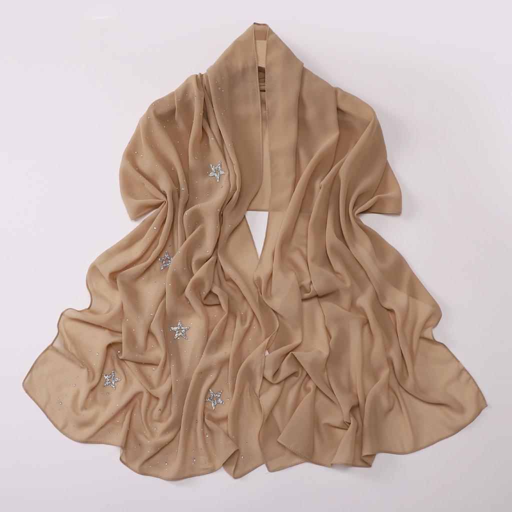 VigoAnne 2025 Lady Muslim Pentagram Hot Stamping Hijab Shawls Women Plain Scarf Chiffon Solid Islamic Turban Headband 175cm*70cm