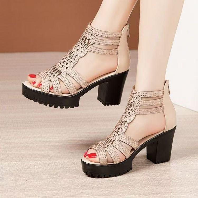 Summer Sandals Women's 2025 New Rhinestone Hollow Fashion Women's Sandals Fish Mouth Non-slip Versatile High-heeled Roman Sandals