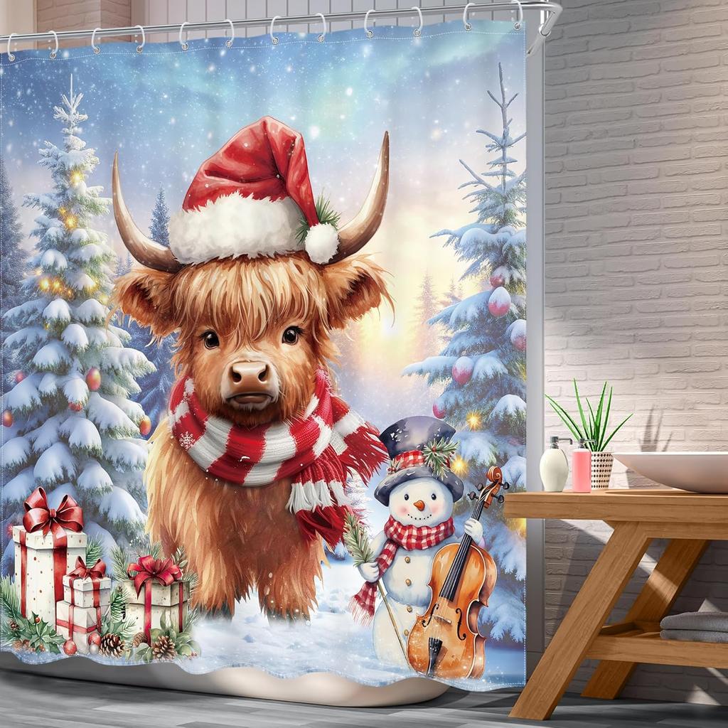 Christmas Highland Cow Shower Curtain Snowman Violin Gift Tree Design Holiday Theme Festive Decor Waterproof Fabric Xmas