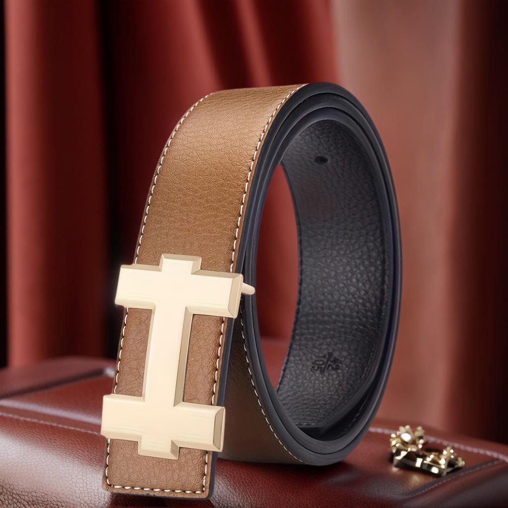 Unisex Korean H Buckle Genuine Leather Belt with Lychee Grain Design