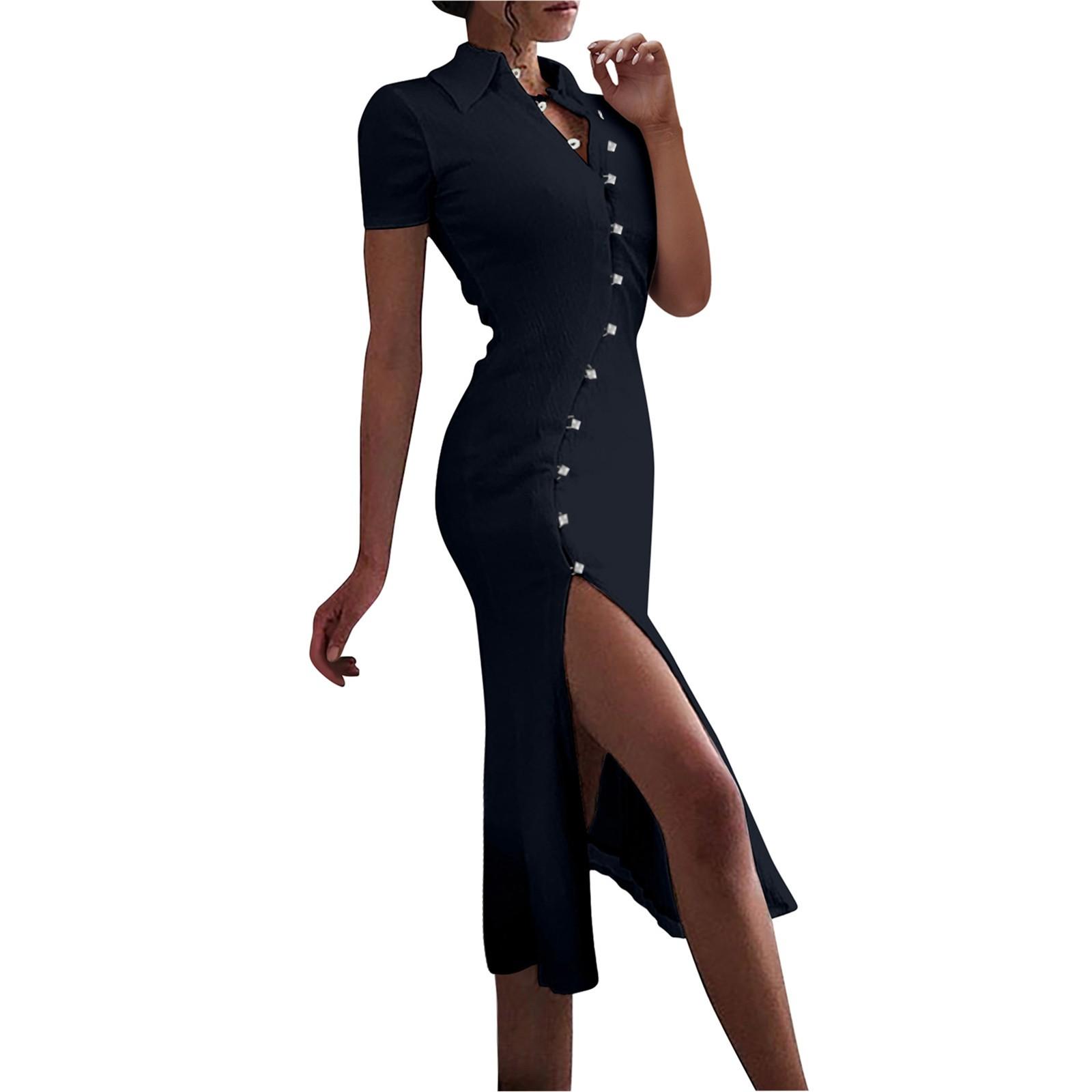 

Женское сексуальное платье с воротником на пуговицах и разрезом M тёмно-синий