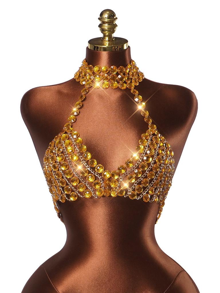 Y2K Sexy Metal Chain Halter Bra for Nightclub Party Halter Body Chain Jewelry Female Silver Rhinestone Top