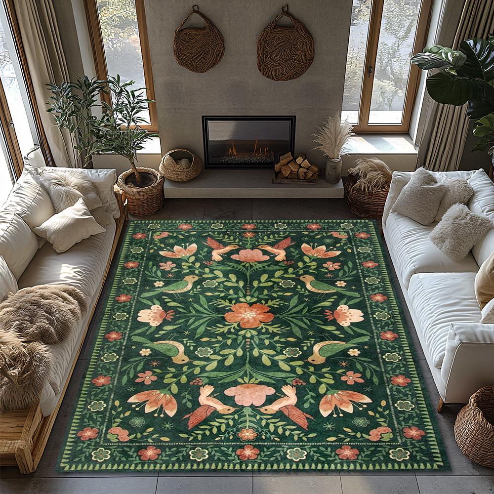 Dark Green Floral Bird Rug, Bohemian Garden Pattern Non-Slip Carpet, Pink Accent Living Room Mat for Nature Home Decor