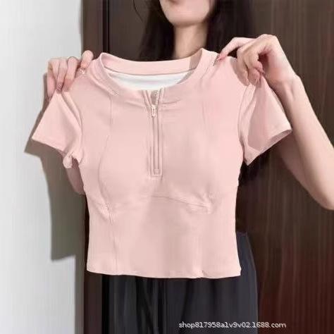 Apricot Straight Shoulder Short Sleeve Women's Slim Fit Crop Top with Half Zip and Fishbone Detail