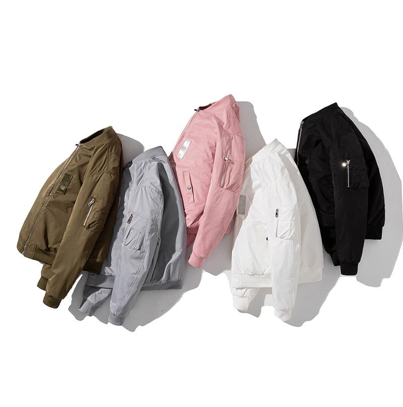 Men Bomber Jacket Solid Autumn Winter Pilot Jacket Women Vintage Fashion Hooded Baseball Coat Casual Windbreak Parkas Red Pink