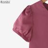 ZANZEA Women Casual Round Neck Solid Color Short Sleeve Blouse