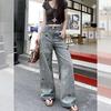 2026 Cartoon Embroidery High-Waisted Wide-Leg Jeans for Women - Autumn Petite Straight-Leg Design