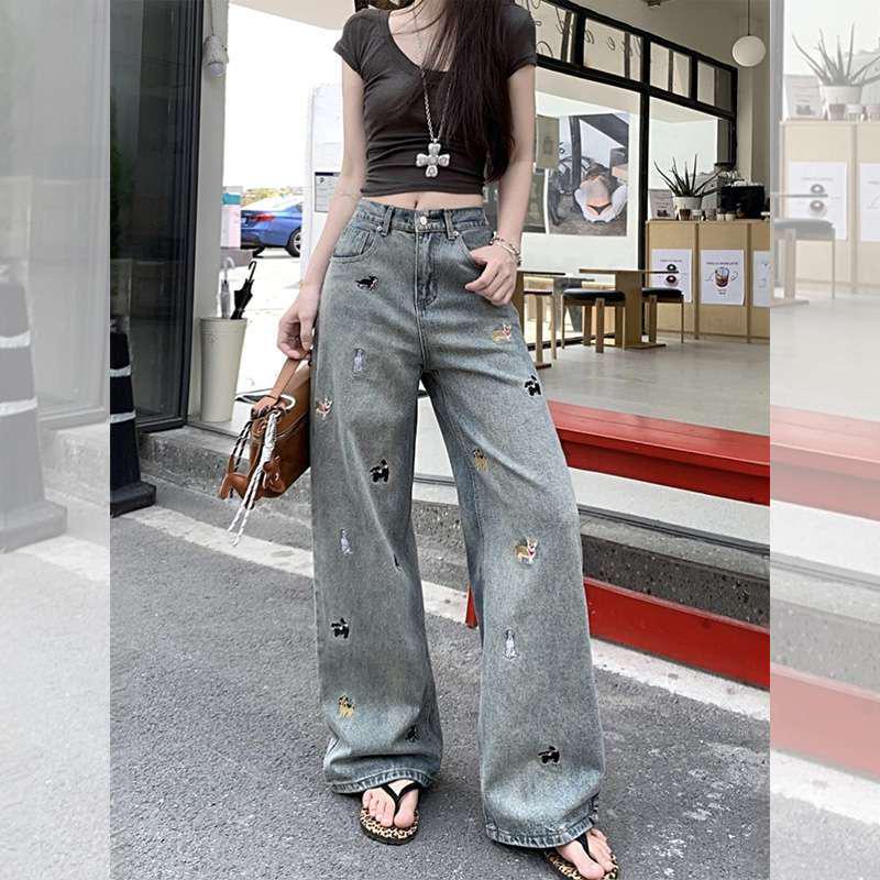 2026 Cartoon Embroidery High-Waisted Wide-Leg Jeans for Women - Autumn Petite Straight-Leg Design