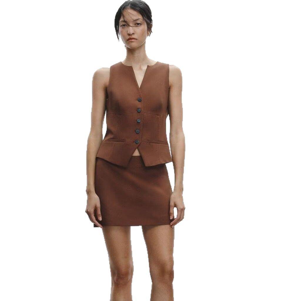 2025 Spring V-Neck Sleeveless Vest Top + A-Line Midi Skirt: European & American Style