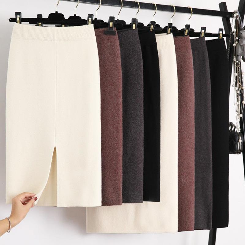 Autumn Winter Bodycon Pencil Skirt Midi Wool Plain Front Slit Knit Skirt