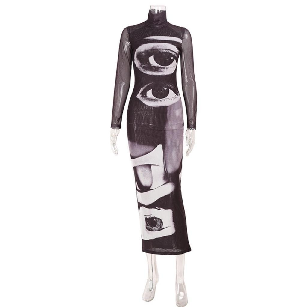 LYRIA Fashion Women's Maxi Dresses Printed Turtleneck Regular Long Sleeves Sheath Slim Fit Eyes Causal Streetwear Vestidos