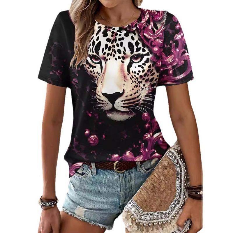 Sommer Damen Pendelshirt mit Löwenprint, Rundhalsausschnitt, kurzärmlig