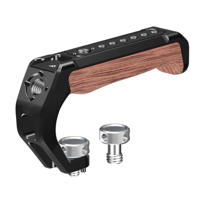 DSLR Wood Handle with 1/4 and 3/8 Threaded Holes Includes Cold Shoe Mounts Adapters for Camera Cage Rig