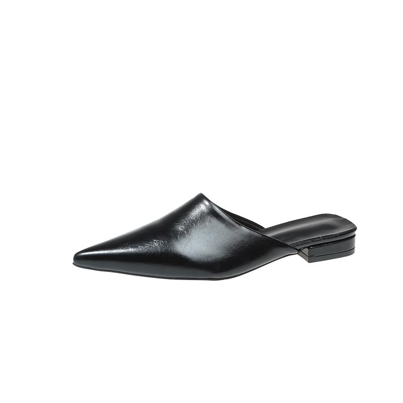 Damen Tragen Faule Baotou mit Weichem Leder 2026 Neue Nische Niedriger Absatz Spitze Halb-Slipper 39 schwarz