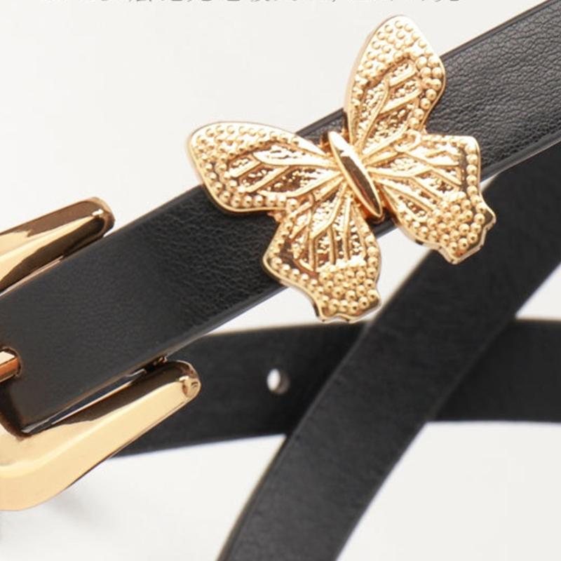 Stylish Gold Butterfly Decorated PU Leather Waist Belt Adjustable Length Waistband Sash for Dresses and Daily Outfits
