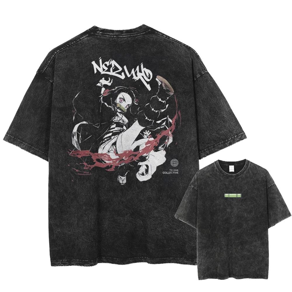 T-shirt Vintage Lavate Estive Uomo Stampe Anime Demon Slayer Harajuku Girocollo Oversize Manica Corta Unisex Streetwear Top