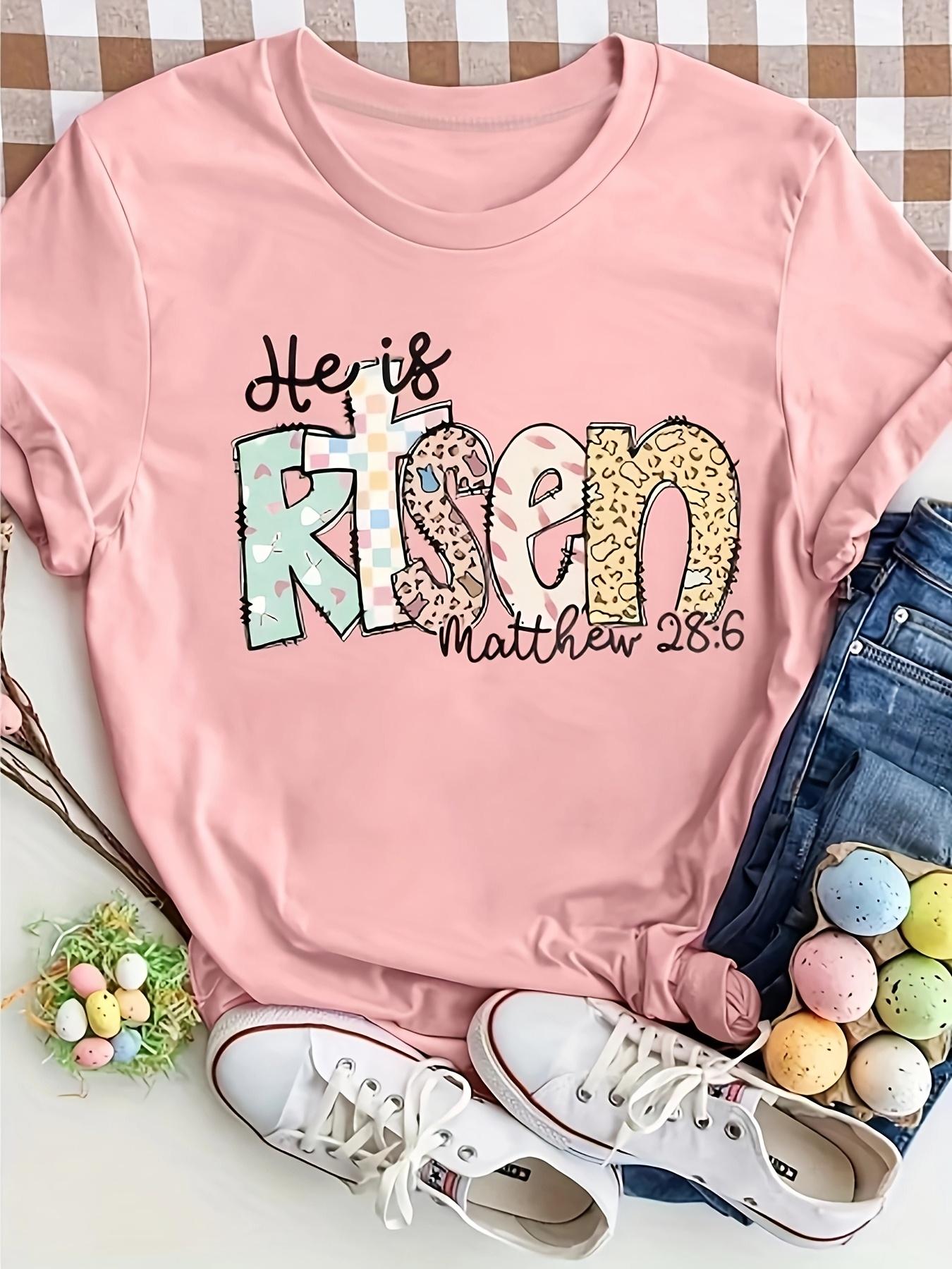 He Is Risen Matthew 28:6 Women s Tee - Easter Bible Verse Graphic, Casual Faith Top S