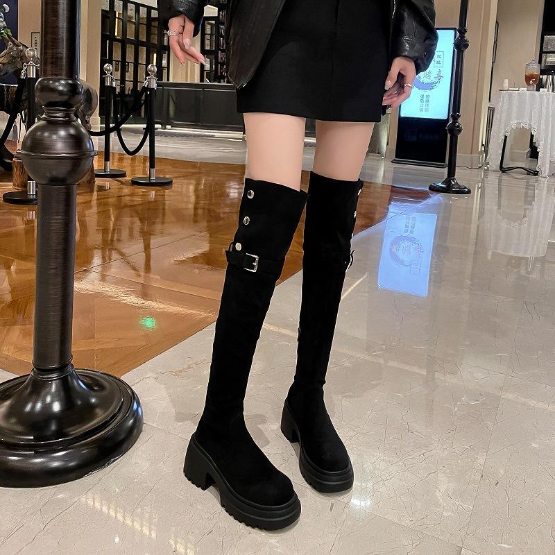 2025 Winter Velvet Warm Knee Boots Women's Retro Lapel Knight Boots Thick Heel Thick Sole Long Snow Boots