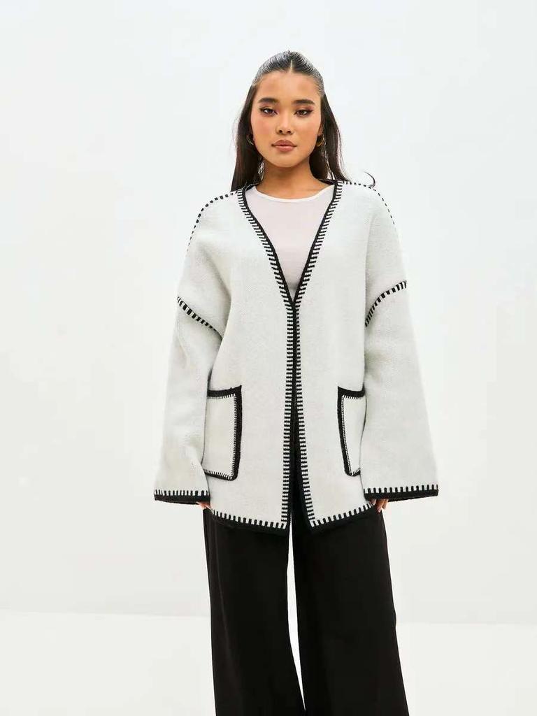 Knitted Open-Front Cardigan Sweater Spring New Style Loose Color Block Long Sleeve Wool Coat