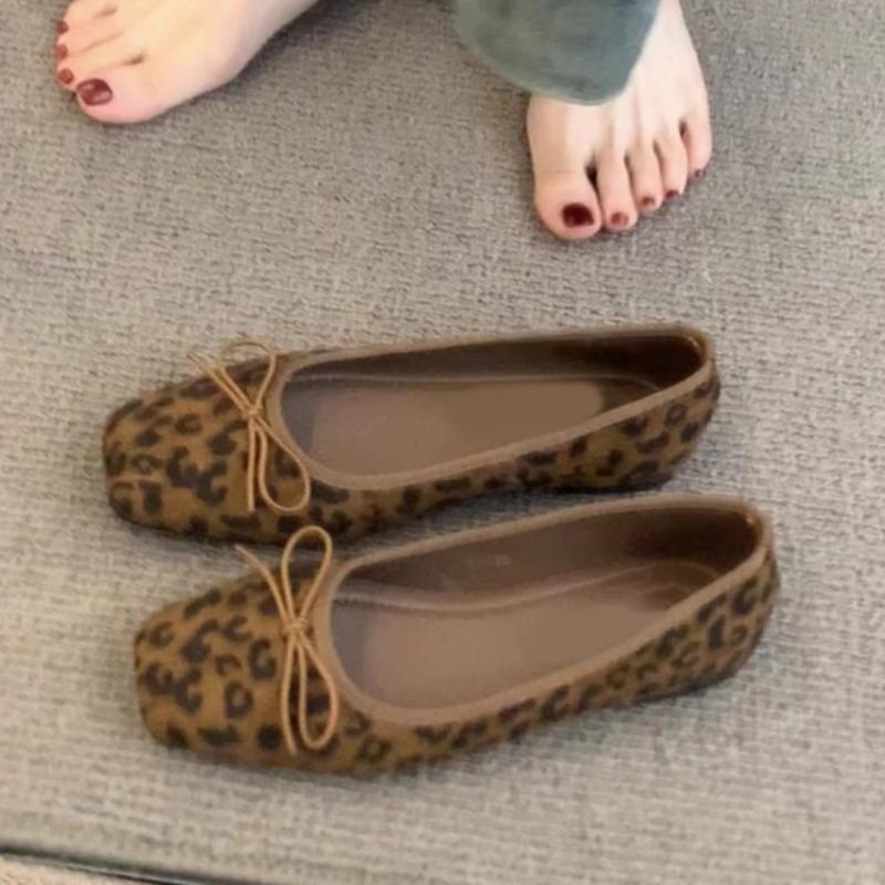 Square head leopard print single shoes women's autumn bow with skirt ballet evening shoes