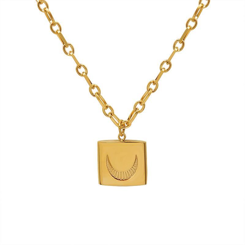 French Starry Sky Moon Square Necklace, Gold-Plated Titanium Steel, Personalized Design, Fashionable and Colorfast Jewelry.