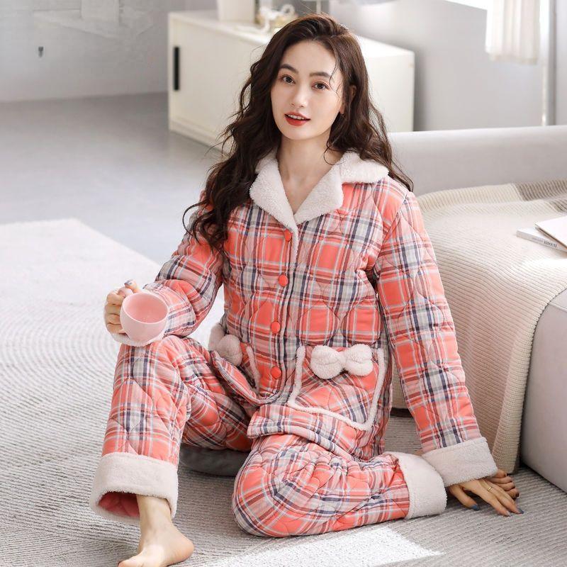 Bunda Pyžamo Dámské Zimní Třívrstvé Teplé Plyšové Zahuštěné Domácí Oblečení Neformální Středního Věku Mladé Pyžamo Set