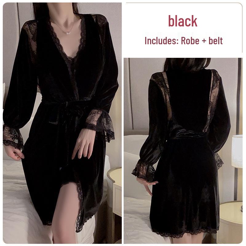 Gorgeous Lace See-Through Deep V Velvet Nightgown & Robe Set with Padding - Sweet Temptation 3908
