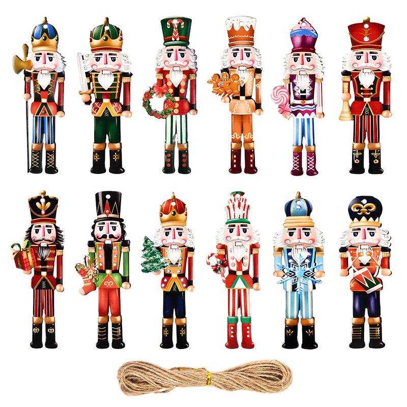 12Pcs Wooden Nutcracker Soldier Pendant Xmas Tree Hanging Ornament 2024 Christmas Decoration for Home Navidad 2025 New Year Gift