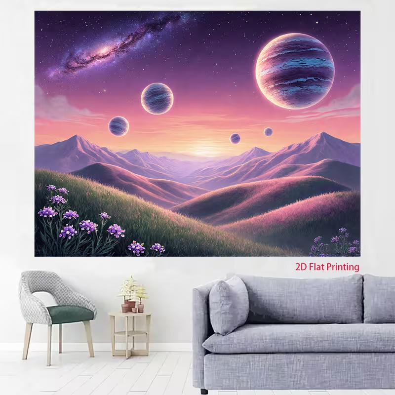 2D flaches Galaxie-Banner, Lila Sternenhimmel und Planeten-Szene für Party- & Studio-Hintergrund