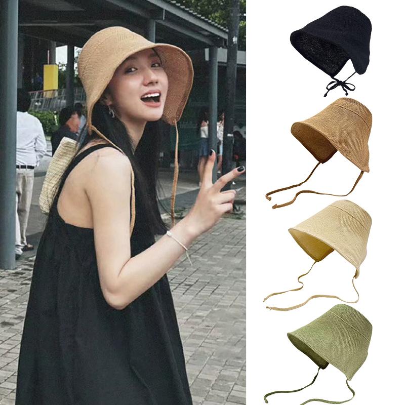 Linen Straw Regency Bonnets Hats For Women Sun Hats Bow Beach Cap Big Wide Brim Cloche Hat Chapeau Femme Lace Up Outdoor Summer