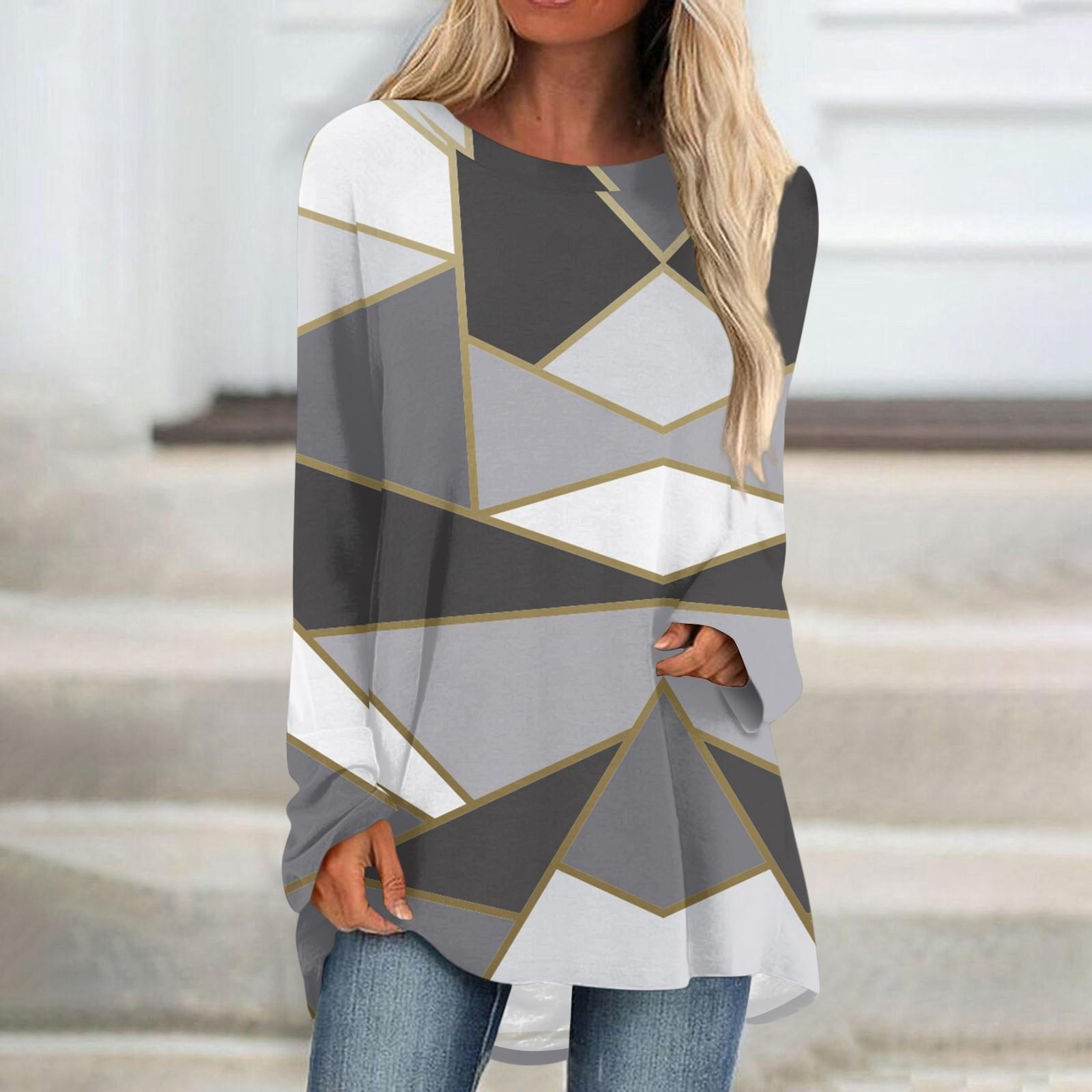 

Женская модная повседневная футболка с принтом, длинный рукав, круглый вырез, средний длинный топ L