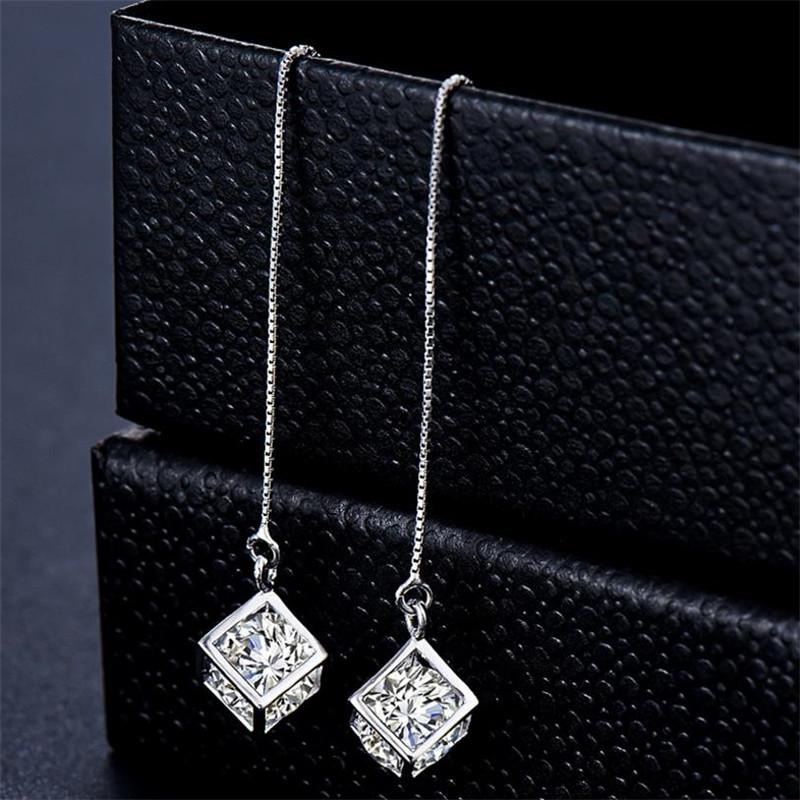 Charm 925 Sterling Silver Tassel Earrings for Women Jewelry Top Quality Crystal Cube Female Drop Earrings Accessories