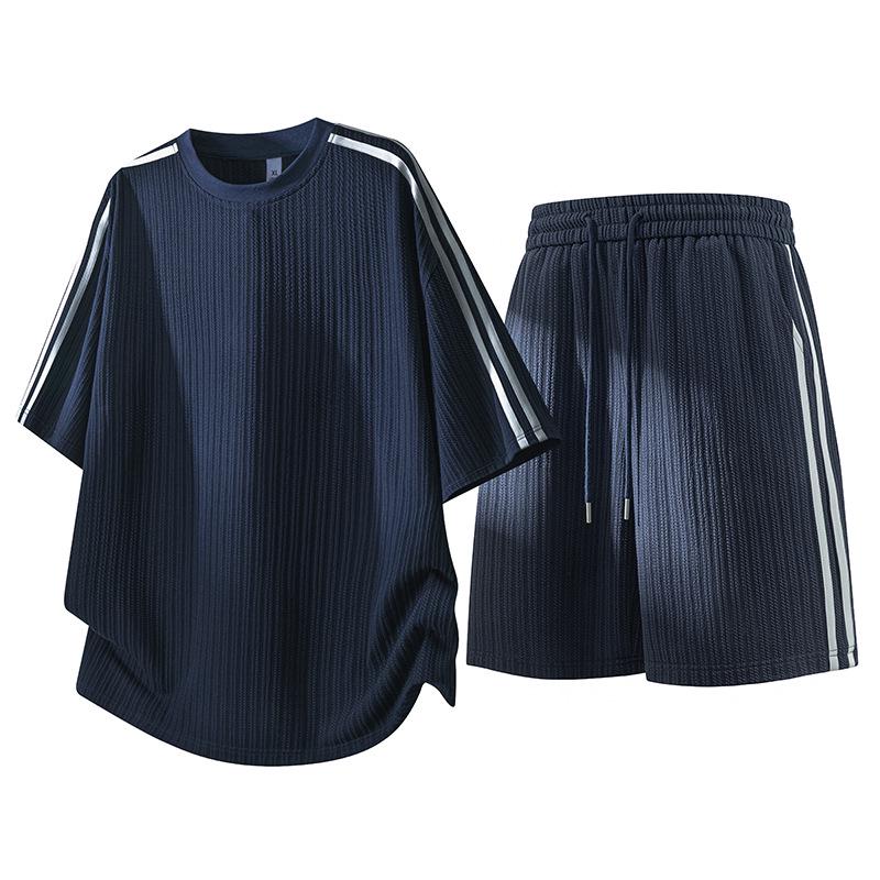 Men's Casual Jacquard Stripe T-Shirt & Shorts Two-Piece Set